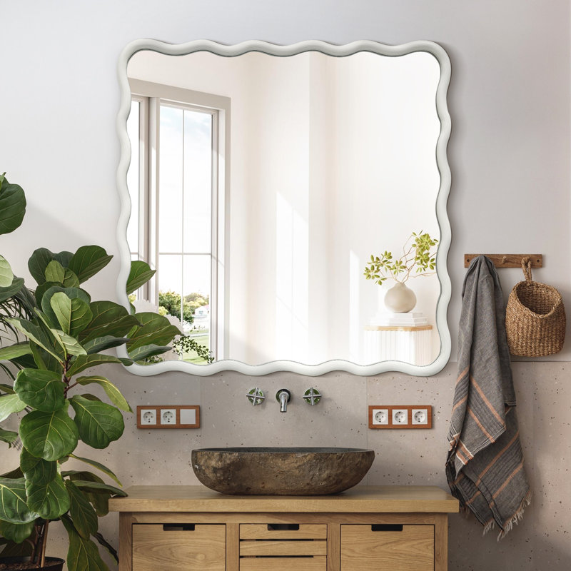Wavy Wood Framed Square Wall Mirror, White