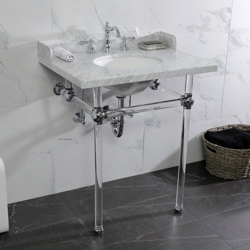 Kingston Brass Pemberton 30-Inch Carrara Marble Console Sink with Acrylic Legs (8-Inch, 3-Hole), Marble White/Polished Chrome