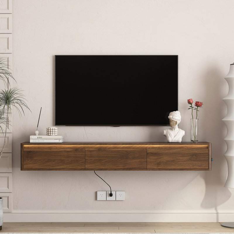 Meuble télé flottant, meuble télé mural avec lumières DEL et prise de courant, meuble télé ultrabrillant