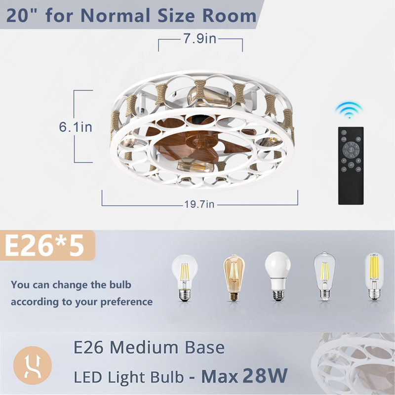 Ventilateur de plafond à télécommande moderne à DEL avec cage, ventilateurs de plafond semi-encastrés, pales réversibles à 6 vitesses, 4 ampoules incluses