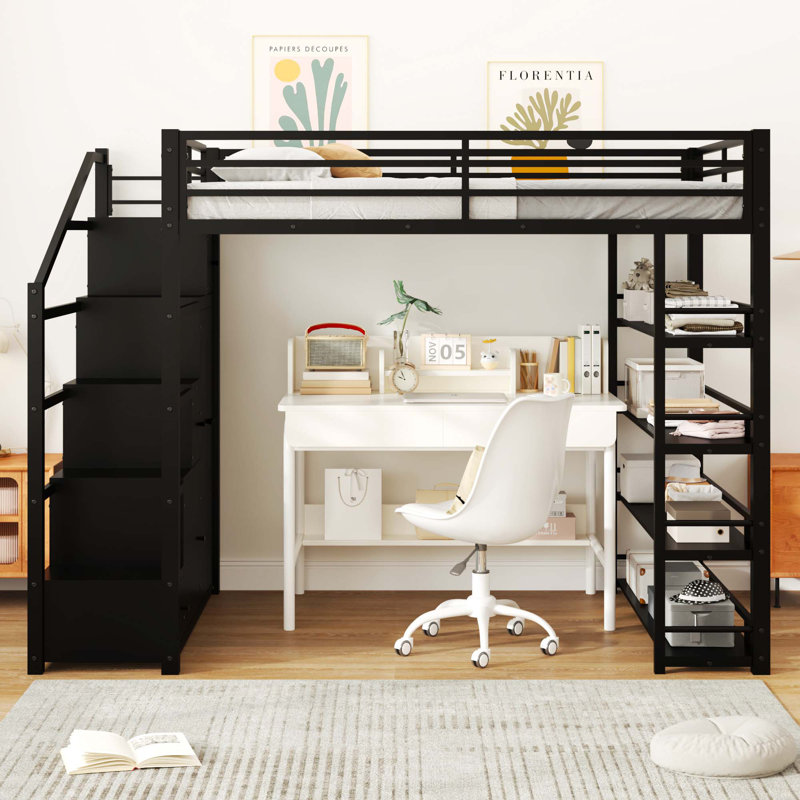 Lit mezzanine double en métal avec tablettes de rangement, armoires et garde-robe