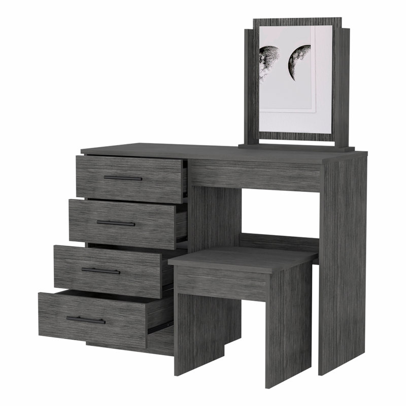 Coiffeuse 4 tiroirs avec tabouret chêne fumé