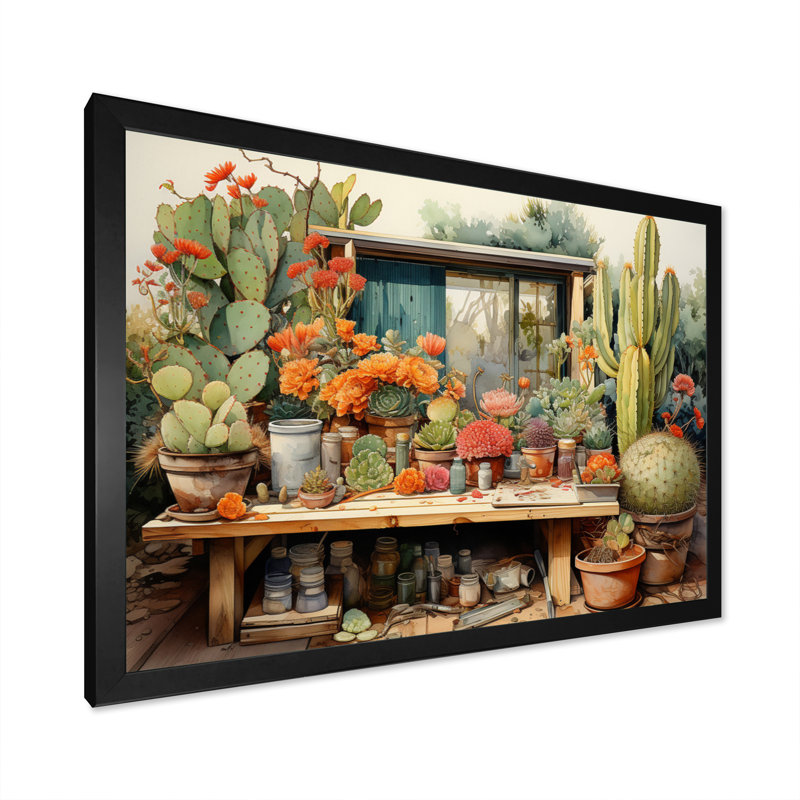 «Mexico Cactus Oasis Impasto III», reproduction d'art sur toile, H 24 po x l 32 po x P 1 po, Cadre simple noir
