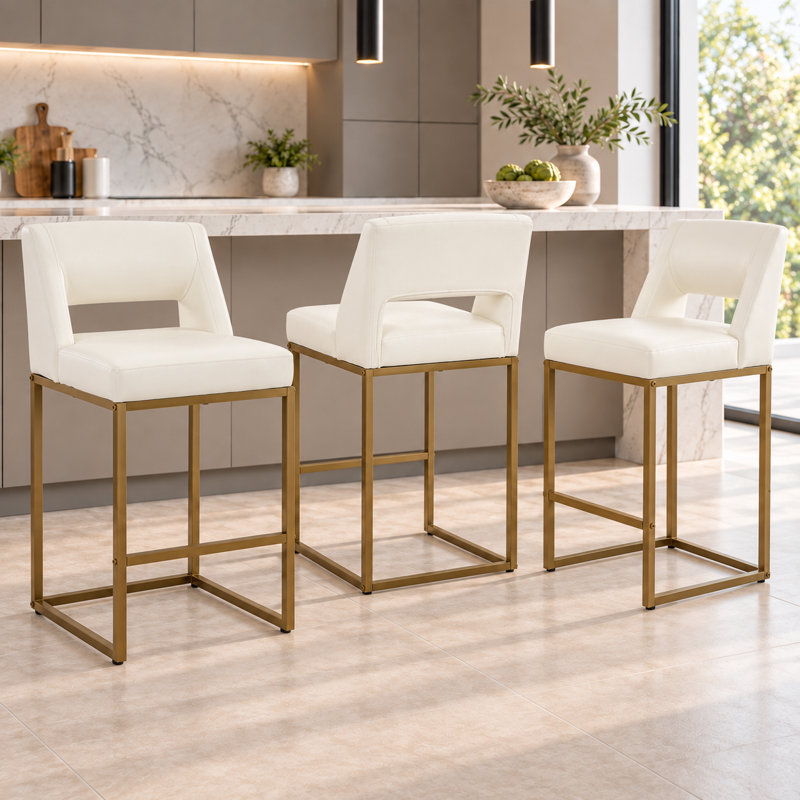 Counter Stool with Steel Frame, Beige-Golden Leg
