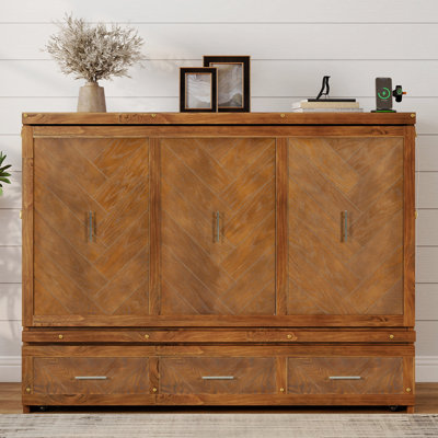 Queen Size Murphy Bed, Pine Wood Cabinet Bed With Built-In Usb Charging Station And Geometrical Decoration Panel ,Walnut