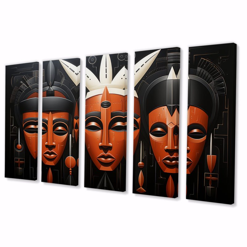 Noir et orange, motifs de Kuba africain - Masque africain, ensemble d'art mural 5 pièces, H 28 po x l 60 po