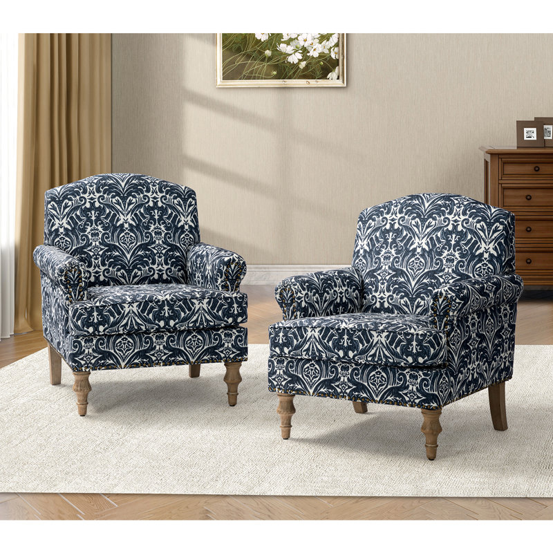 Fauteuil l 30 po avec pieds en bois massif Mooresville, Polyester bleu marine / blanc