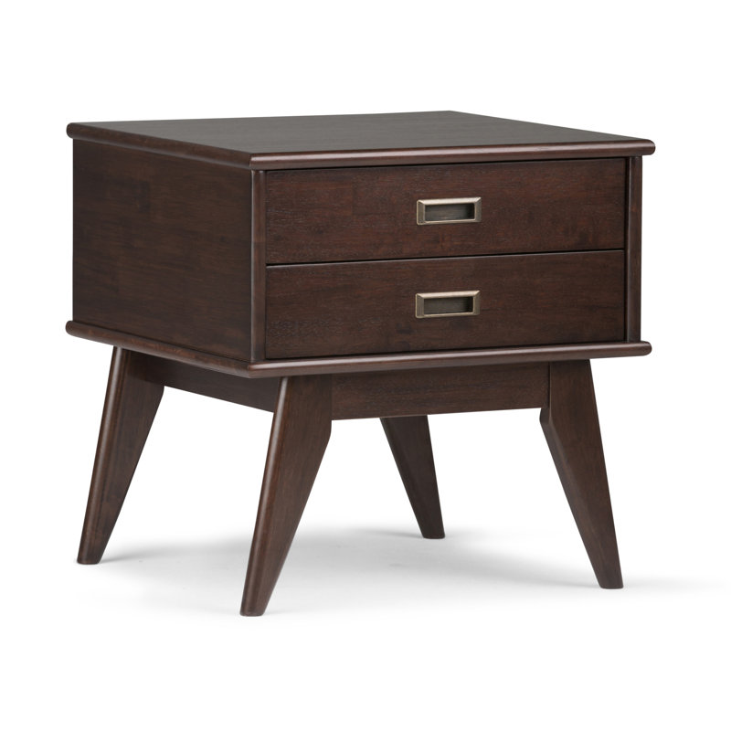 Table de bout rectangulaire Mid-Century moderne en bois massif de 22 po avec 2 tiroirs de rangement Draper, Brun auburn