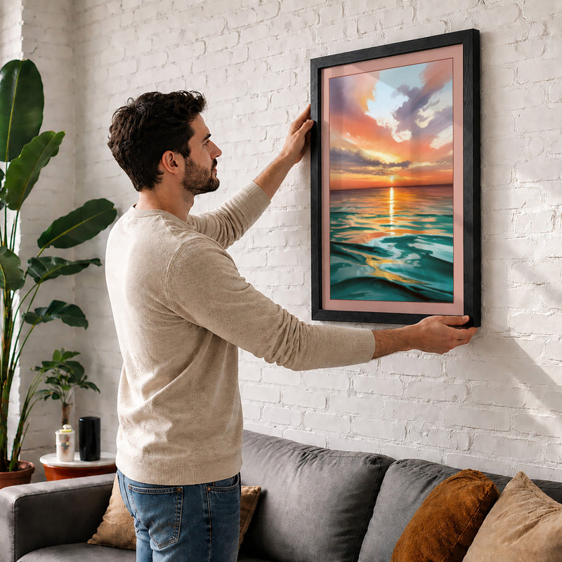 Sunset Over Calm Waters Coastal - Print, A2 - 59.4 x 42.0 cm, Oak
