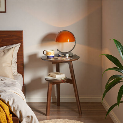 100% Solid Wood 2-Tier Side Table Sofa Side Table Living Room End Table Bedside Table,Solid Wood Round End Table, 2-Tier Small Side Table with Lower S