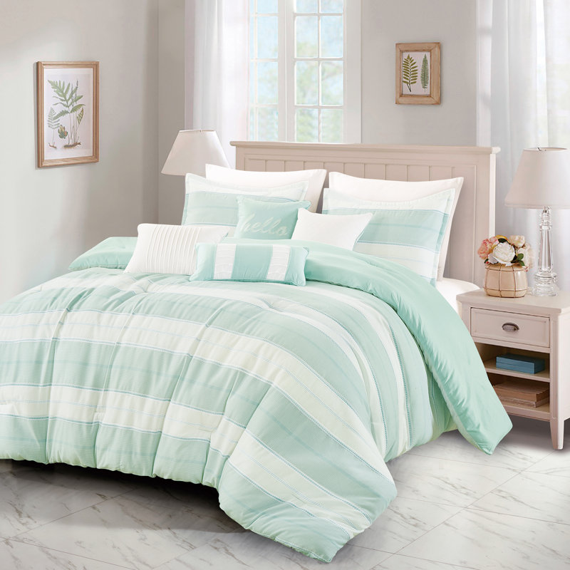 Ensemble d'édredon pour grand lit 7 pièces à rayures en mélange de coton doux et léger avec duvet beige, menthe clair et vert, ensemble de literie moderne et élégant avec coussins décoratifs et taies décoratives