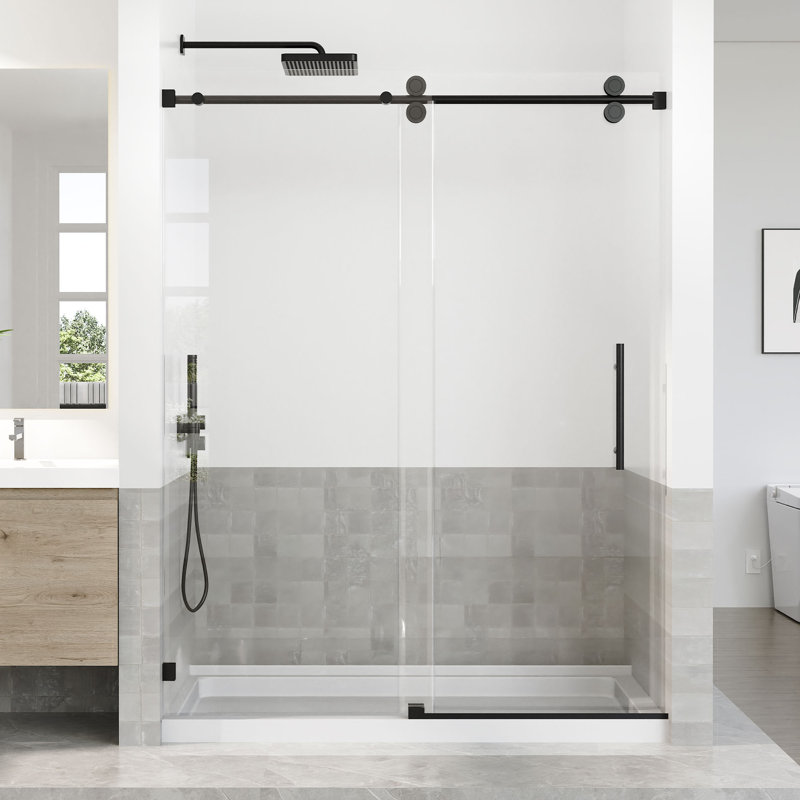 56-60 In. W X 76 In. H Single Sliding Frameless Shower Door With 5/16 In. (8 mm) Tempered Glass, Matte Black