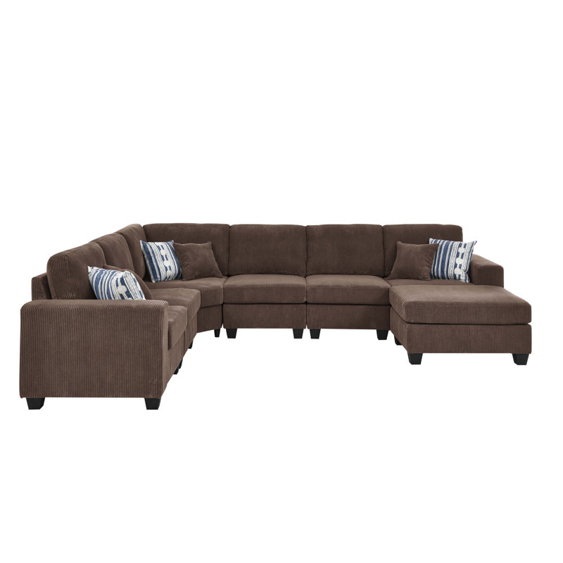 Erstonia Sectional With Ottoman, Dark Brown Corduroy
