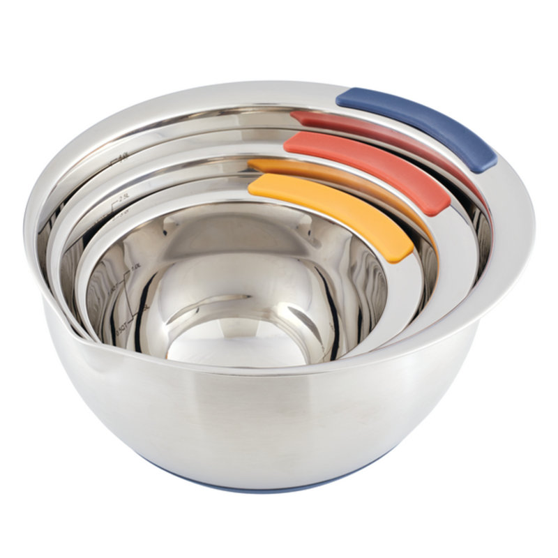 Ayesha Curry Pantryware Stainless Steel Nesting Mixing Bowls Set, 3-Piece, Silver With Color Accent Handles