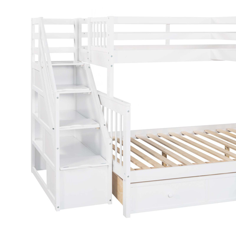 Twin Over Full L-Shaped Bunk Bed With 3 Drawers, Ladder And Staircase, White