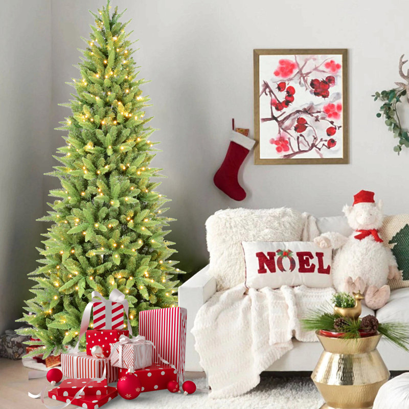 Arbre de Noël mince avec lumières DEL blanc chaud - embouts en PE + PVC, conception à charnières peu encombrante, installation facile, support en métal robuste - arbre à crayons réaliste pour les petits espaces