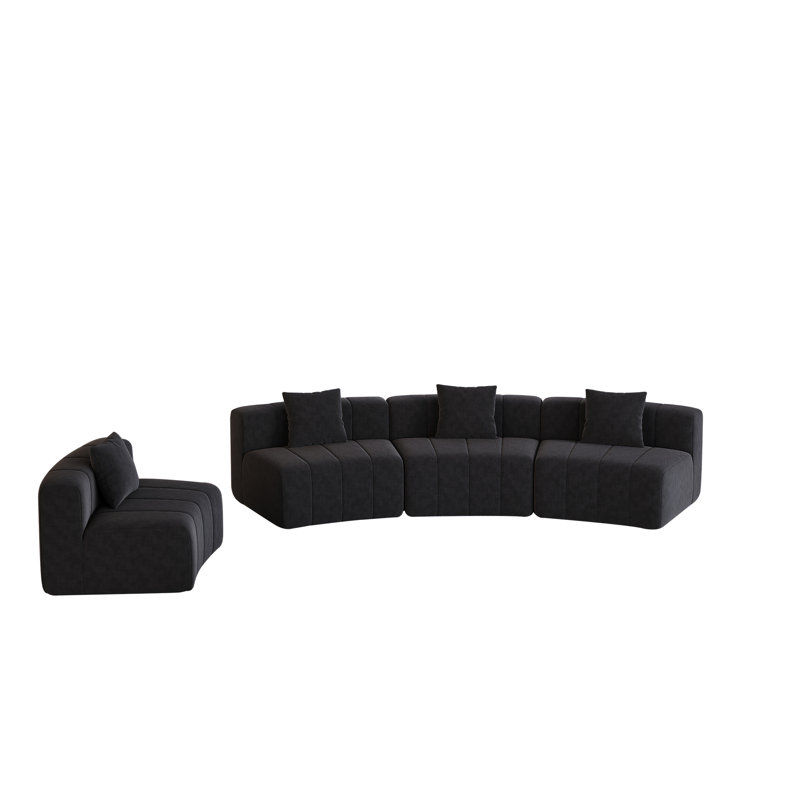 Chenille Curved Sectional Sofa With 4 Pillows, 29" H x 151" W x 33" D, Black Chenille