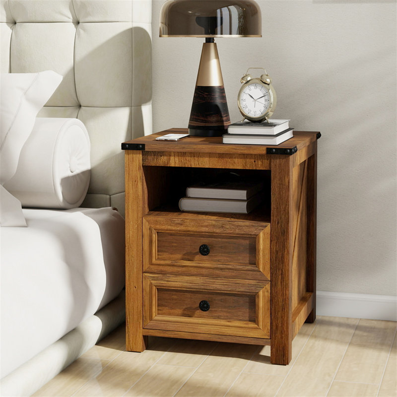 Nightstands With Charging Station, Rustic 18 Inch Bedside Table With 2 Storage Drawers And Open Shelf, Brown, Individual