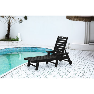Méridienne d'extérieur avec 5 positions réglables, roues, porte-gobelet, noir pour terrasse, piscine, extérieur, roues de jardin