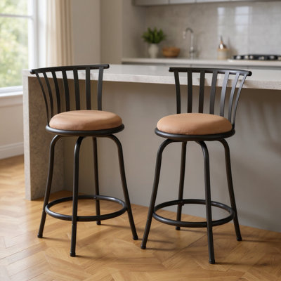 Ensemble de deux chaises de bar pivotantes de 24 po en microfibre et métal à dossier bas brun et noir