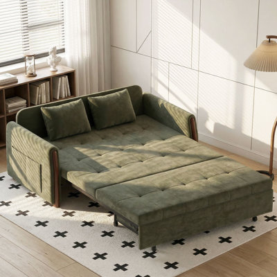 Boneless 62.9 In. Modern Beige Chenille Pull Out Sleeper Sofa Bed With High Density Foam And Side Storage Pockets