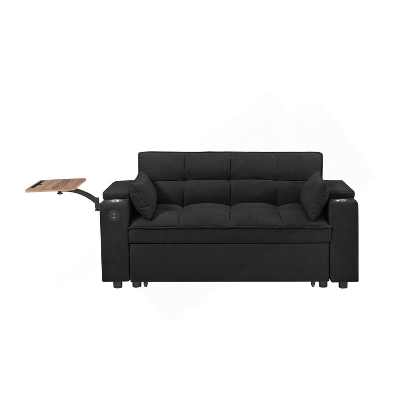 Canapé-lit en chenille noir avec accoudoirs avec rangement, port USB et table d'appoint, Noir