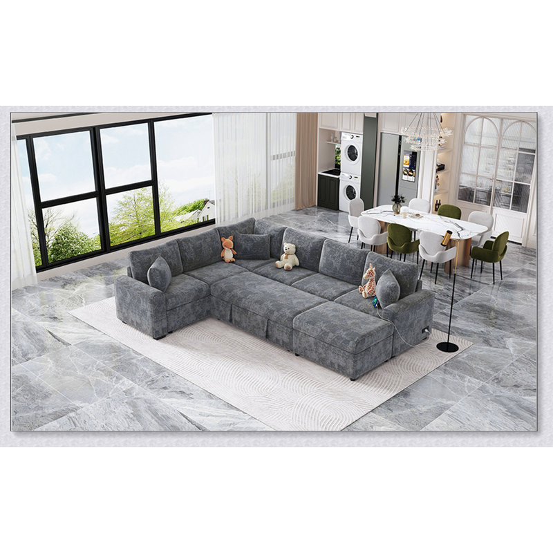 Spacieux canapé modulaire de 112,2 pouces avec canapé-lit et repose-pieds avec rangement, parfait pour le confort et la polyvalence de toute maison.