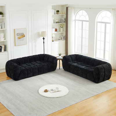  Ensemble de canapés modulaires en mousse de chenille 2 pièces, canapé modulaire moderne à profil bas pour grand salon, noir