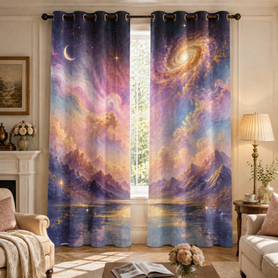 2Pcs Galaxy Print Curtains, Cosmic Swirl and Starry Night Mountain Landscape, Fantasy Space Nebula Artwork Sun Blocking for Bedroom Living Room Home Decor for Home Dector