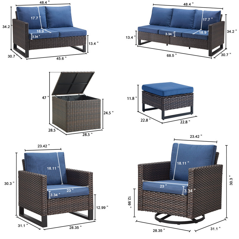 Ingvald 9 - Pieces Outdoor Sectional Seating Group With Wicker Water Resistant Storage Deck Box And Cushions, Blue