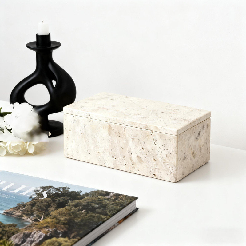 Boîte de rangement en travertin avec couvercle, organisateur rectangulaire en pierre pour les cotons-tiges et le meuble-lavabo