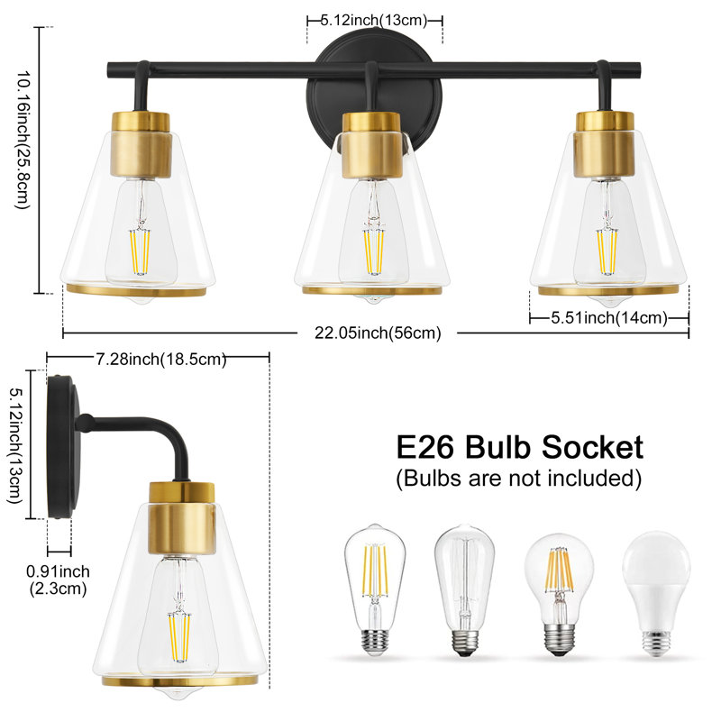 Modern Aniwa 3-Light Dimmable Bathroom Vanity Light, Gold Bathroom Mirror Light Fixture with Cone Clear Glass Shades for Makeup, Powder Room