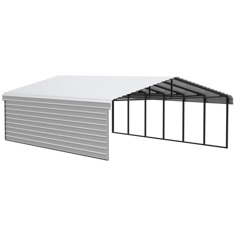 Abri d'auto en acier avec 1 ensemble de parois latérales, 20 x 29 x 7, Blanc, H 9 pi 10 po x l 20 pi 3 po x P 28 pi 8 po