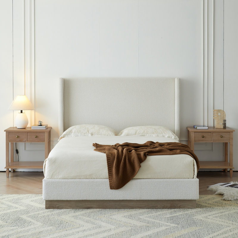 Hosford Upholstered Wingback Bed  , King, Cream White Boucle