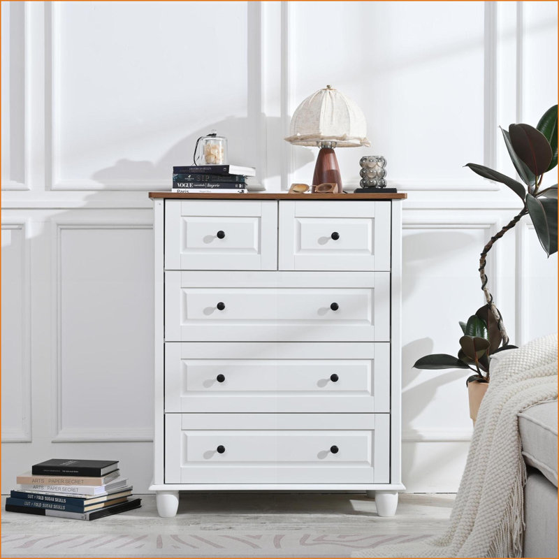 Commodes | Commode haute 5 tiroirs avec rangement profond, style classique | Ivoire / blanc | Bois aggloméré, pin