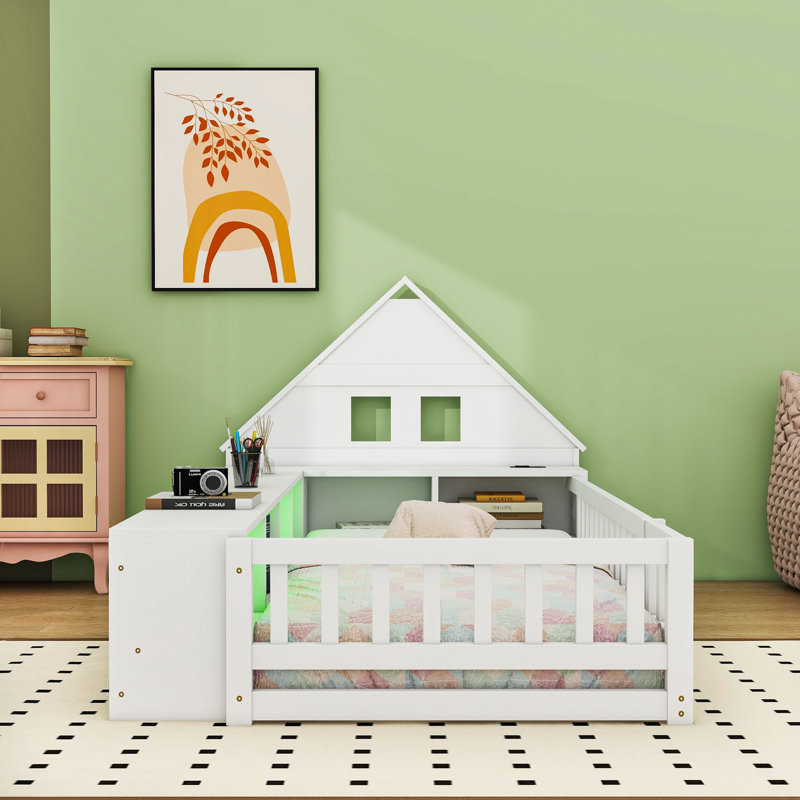 Lit simple en bois avec tête de lit et rangement intégré, Blanc