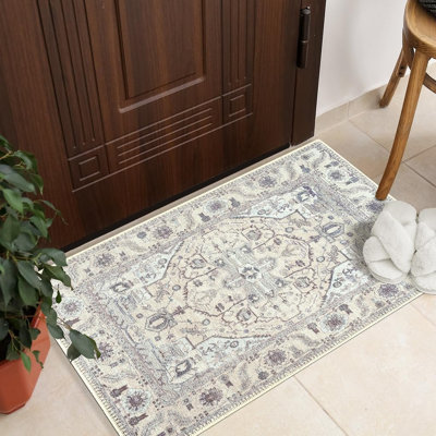 Collection traditionnelle GLN Rugs - tapis lavable à la machine, tapis bohémien rétro lavable, tapis antidérapant, tapis de salon en chenille à poils courts, tapis de chambre à coucher, tapis de salle de bain (tapis beige et gris)