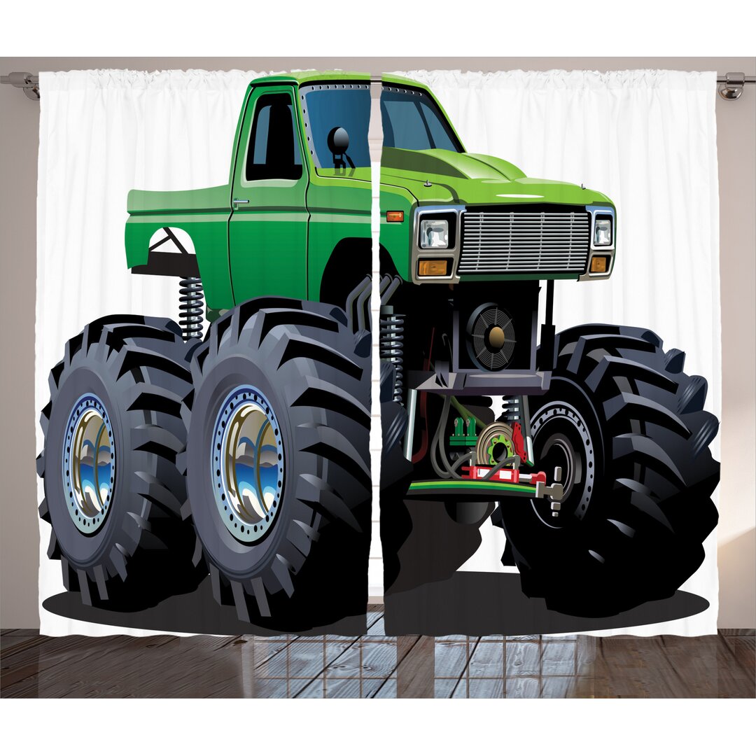 Rustikaler Vorhang, Monster Pickup Truck, Karikatur, Grün Grau