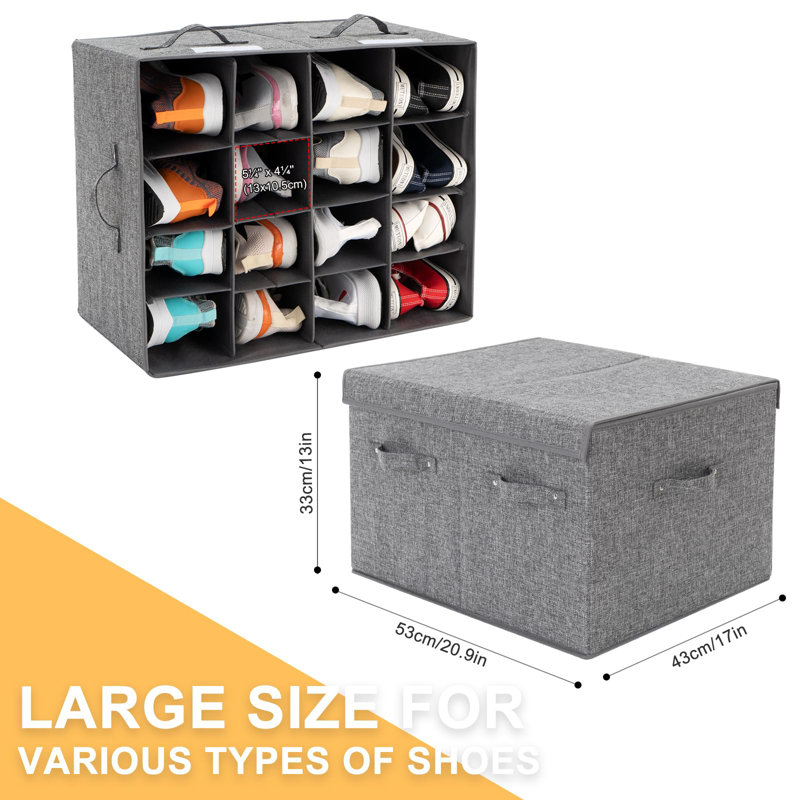 Paquet de 2 boîtes de rangement pour chaussures pouvant contenir 32 paires, grands bacs à chaussures avec couvercle et séparateurs réglables pour chaussures, coque rigide et empilable (gris)