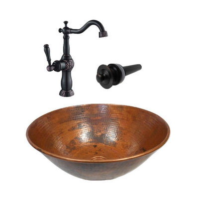Lavabo vasque rond en cuivre naturel 14 po, robinet en argile 13 po inclus 