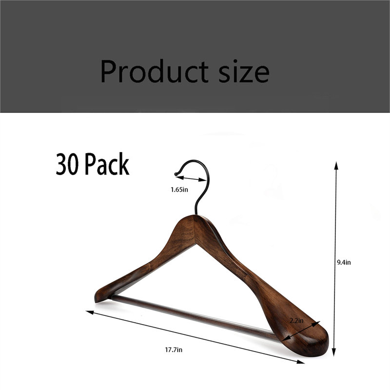 6 Pack Wide Shoulder Wooden Suit Hanger With Thickened Flat Hook & Anti-Slip Trouser Bar – Heavy Duty, Glossy Finis, 30