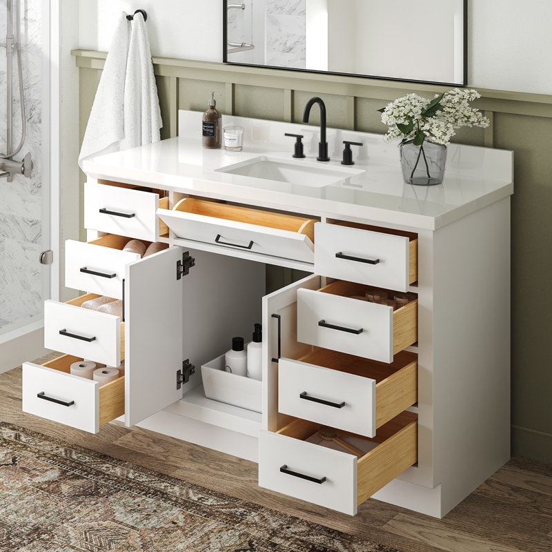 Meuble-lavabo simple en bois massif 54 po avec lavabo à quartz blanc 1,5 po Thornaby, Blanc / noir mat, Forme rectangulaire