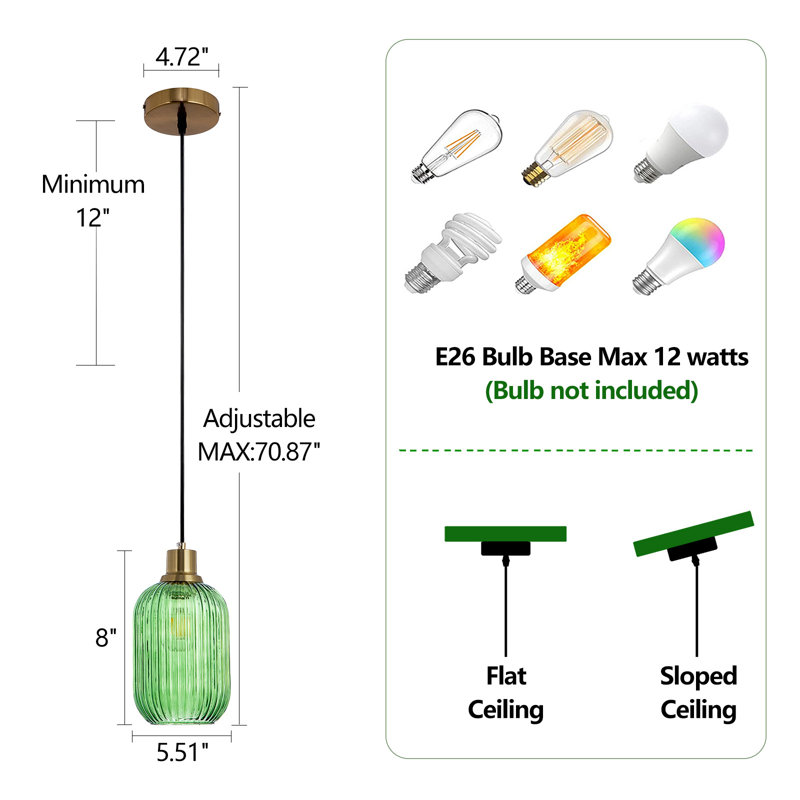 Luminaire suspendu moderne avec verre vert soufflé à la main pour îlot de cuisine, finition laiton brossé, Paquet de 1