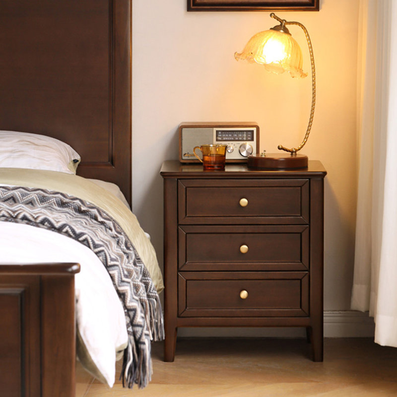 Dark-walnut Solid Wood + 3 drawers Nightstand