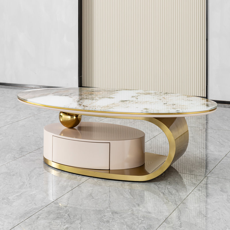 Table basse ovale de luxe de 51,18 po avec tiroir, plateau en verre imprimé, structure en acier inoxydable brossé 201 #, centre de rangement de salon moderne