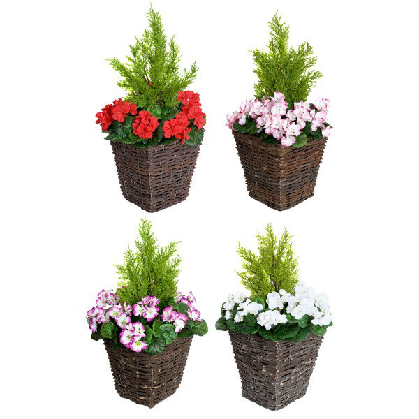 2x Artificial Rattan Patio Planters with Geraniums and Cedar Topiary, Red