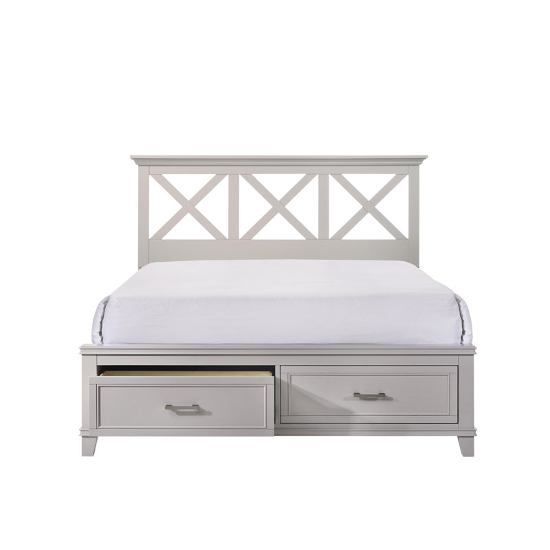 Très grand lit de rangement gris avec tête de lit fonctionnelle en X - Taille et style de chambre à coucher
