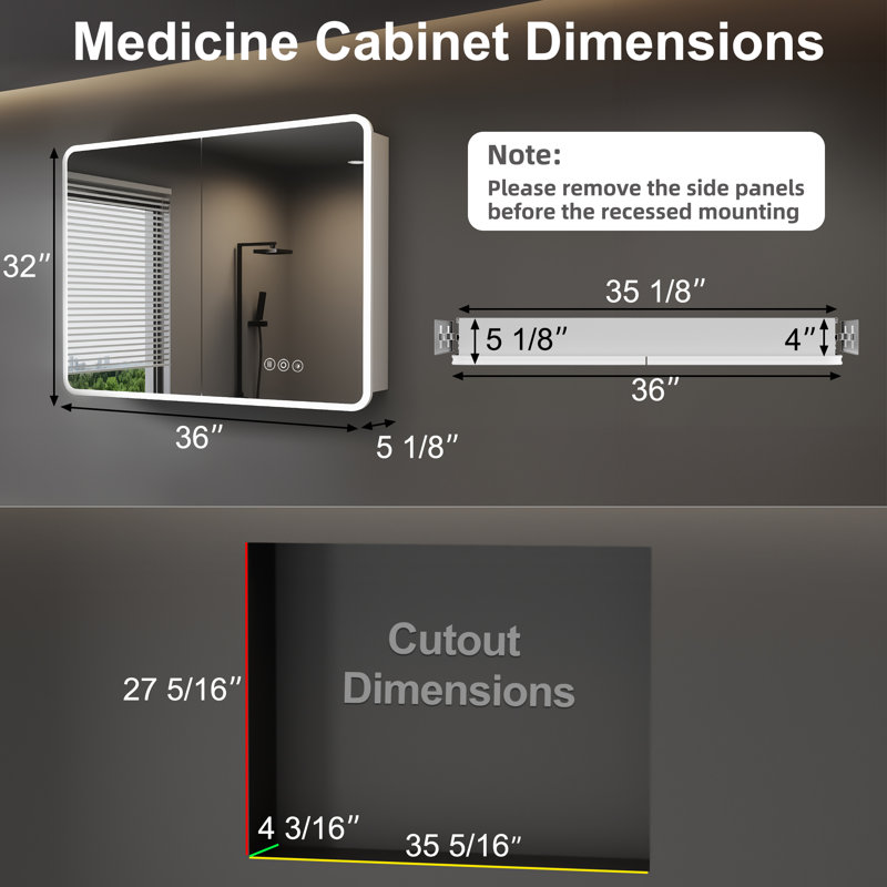 Armoire à pharmacie encastrée / à surface arrondie à cadre arrondi avec cadre en aluminium argenté l 36 po x H 32 po Cynethia