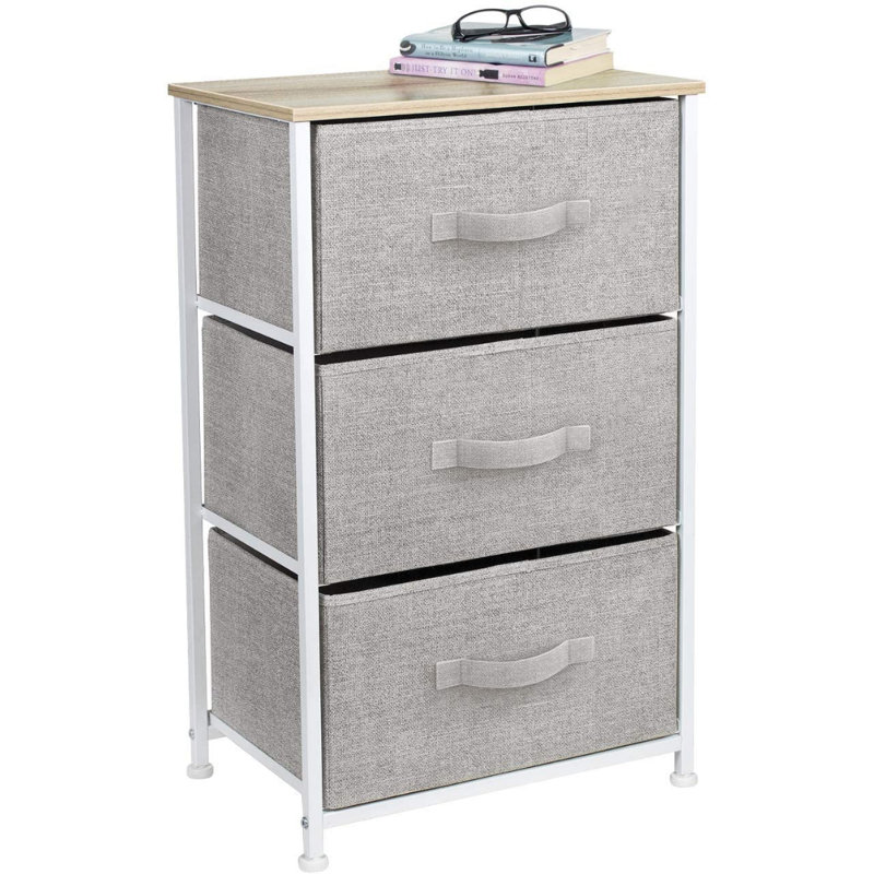 Beige 3-Drawer Steel Frame Nightstand with Fabric Bins