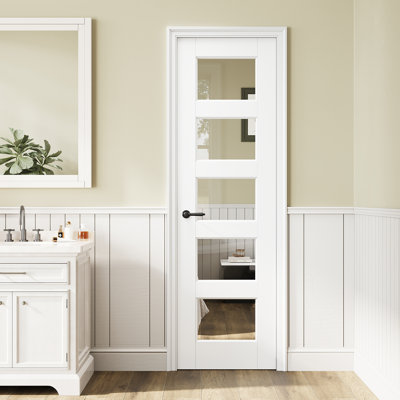 Porte française en verre transparent de 24 po x 80 po, porte intérieure en verre transparent à 5 panneaux à finition blanche et à peindre, panneau de porte sans trou ou charnières, comme porte de grange ou porte prémontée ou porte de poche ou dalle de porte française pour garde-manger, Porte de buanderie, porte de chambre à coucher